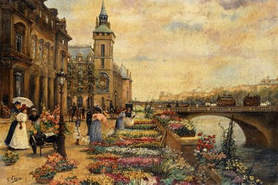 Um mercado de flores no Sena, de Ulpiano Checa y Sanz