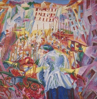 Die Straße dringt em das Haus (a estrada entra na casa). 1911 de Umberto Boccioni