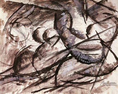Dinamismo (carvão vegetal, tinta, tempera e aguarela) de Umberto Boccioni