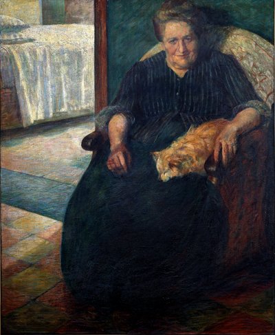 Madame Virginie (La signora Virginia) Retrato de uma mulher corpulenta, sentada, com o gato de joelhos. Pintura de Umberto Boccioni (1882-1916) 1905 Sol. 140x115,5 cm Milão, Museo del Novecento de Umberto Boccioni