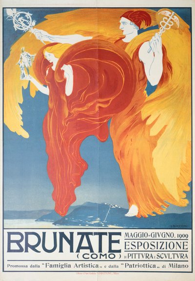 Poster para exposição de pintura e escultura em Brunate por Umberto Boccioni (1882-1916), cromolitografia, 70x50 cm de Umberto Boccioni