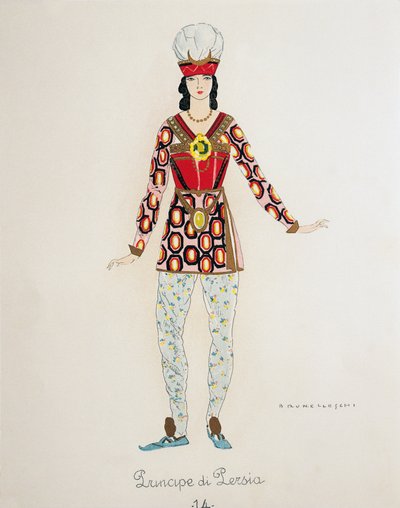 Traje para o Príncipe da Pérsia de Turandot de Giacomo Puccini, esboço de Umberto Brunelleschi (1879-1949) para a primeira apresentação da ópera no Teatro alla Scala em Milão, 25 de abril de Umberto Brunelleschi