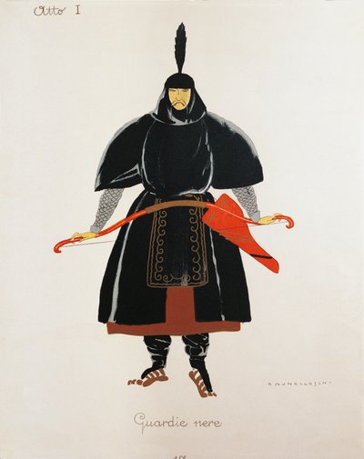 Traje para os guardas negros de Turandot, de Giacomo Puccini, esboço de Umberto Brunelleschi (1879-1949) para a primeira apresentação da ópera no Teatro alla Scala em Milão, 25 de Abril de Umberto Brunelleschi
