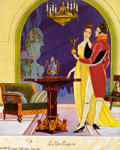 Cena de estilo império, cenário teatral, aguarela de Umberto Brunelleschi