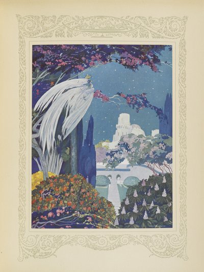 Contudo, o belo Bluebird nunca deixou de pairar à volta do palácio, ilustração de "Contes du Temps Jadis", ou "Tales from Times Past", p.32 de Umberto Brunelleschi