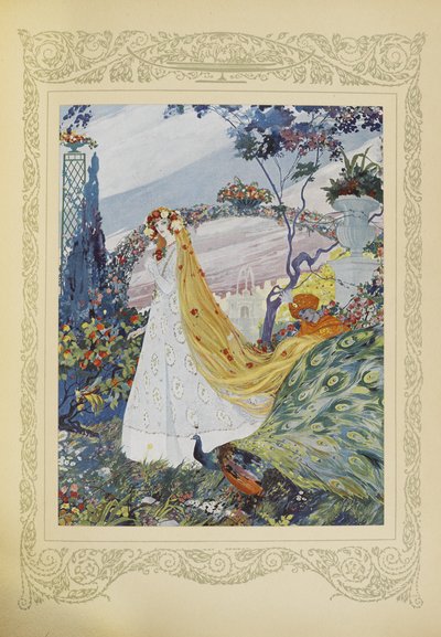 Ela sempre cobria os cabelos cacheados com uma coroa de flores na cabeça, ilustração de 