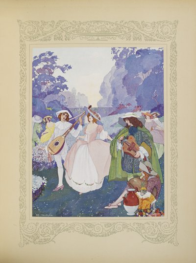Havia pastores e pastoras a dançar ao som de flautas e gaitas de foles, ilustração de 