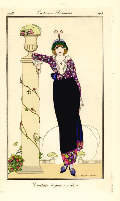 Mulher em traje vespertino apoiado numa coluna de Umberto Brunelleschi