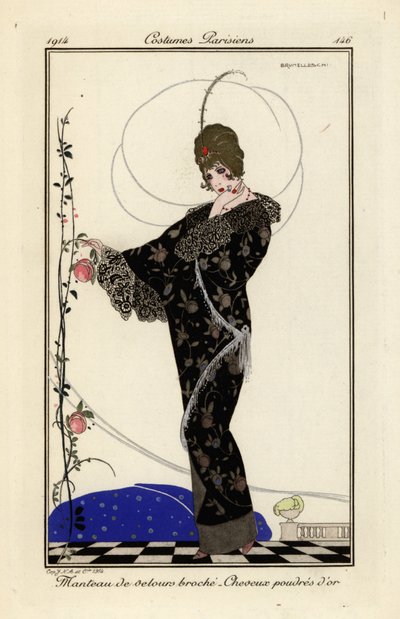 Mulher com casaco de veludo bordado, cabelo dourado em pó. de Umberto Brunelleschi