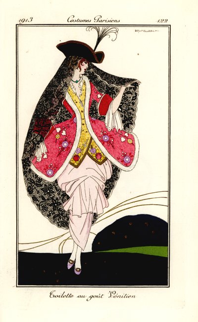 Mulher em traje de moda no gosto veneziano de Umberto Brunelleschi