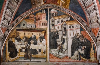 Episódios da vida de São Bento de Nursie: "À esquerda o ataque dos monges de Vicovaro que procuram envenenar São Benoit, este quebra milagrosamente a taça que contém o veneno, à direita São Benoit guerreiros um monge com acedie" Fresco o de Umbrian School