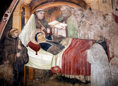 A morte de São Escolástico (v. 480- v. 543), irmã de São Bento de Nursie Ela está rodeada de monges beneditinos. Fresco da escola da Úmbria do século XV. Mosteiro de São Benedetto (Sacro Speco), Subiaco (Roma), Itália. de Umbrian School