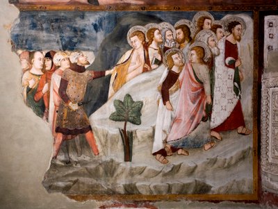 O voo dos apóstolos. O detalhe. Fresco da escola da Umbria do século XV. Igreja Superior. Mosteiro de São Benedetto (Sacro Speco), Subiaco (Roma), Itália. de Umbrian School