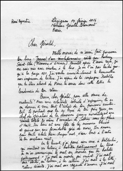 16534N CARTAS DE RENE DEPESTRE A PAGE 1 SOBRE O SEU LIVRO JOURNAL D UN REVOLUAIRE 2014? de Unbekannt