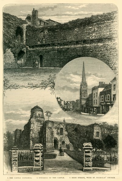 1. O Exterior do Castelo. 2. Interior do castelo. 3. High Street, com Igreja de São Nicolau, 1898 de Unbekannt