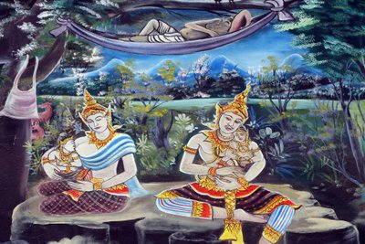 20151029, Vientiane, Laos : Wat templo budista Inpeng. Pintura retratando a história de vida de Shakyamuni Buda de Unbekannt
