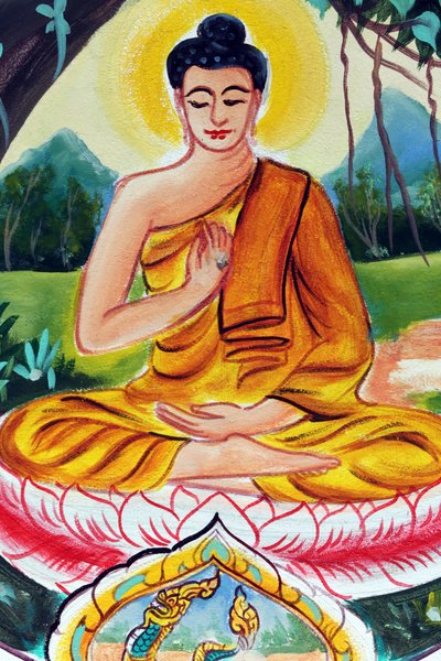 20151029, Vientiane, Laos : Wat templo budista Inpeng. Pintura retratando a história de vida de Shakyamuni Buda. O Buda Ensinante retrata um momento particular na vida do Buda, a saber, o primeiro sermão que o Buda deu depois de alcançar a Iluminação. de Unbekannt
