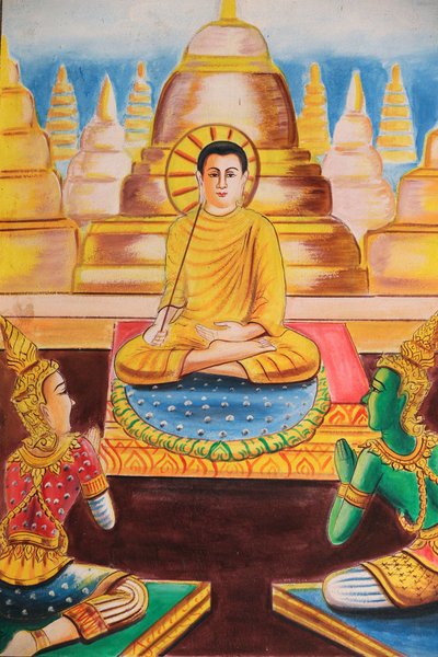 20151102, Vang Vieng, Laos : Pintura retratando a história de vida de Shakyamuni Buddha. O Buda se dedicou ao ensino, atraindo centenas de seguidores. de Unbekannt