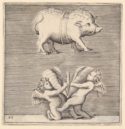 Um porco com cinto e dois cupidos ou gênios com uma borboleta ou mariposa, publicado ca. 1599-1622. de Unbekannt