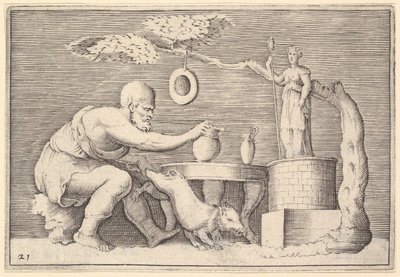 Um Fauno ou Sátiro Preparando um Porco para o Sacrifício, publicado ca. 1599-1622. de Unbekannt