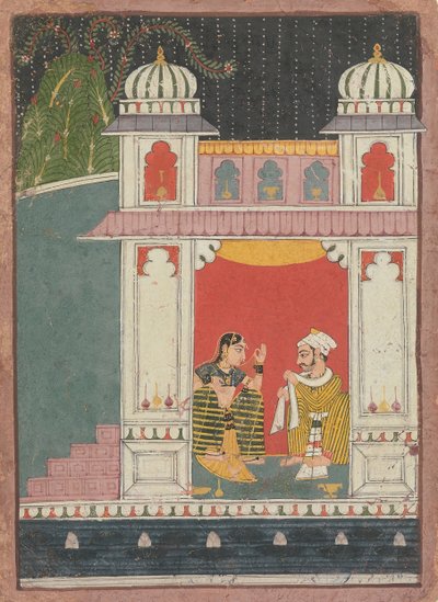 Uma heroína e seu amante em um pavilhão: Página de um Nayikabheda Disperso, ca. 1660-80. de Unbekannt