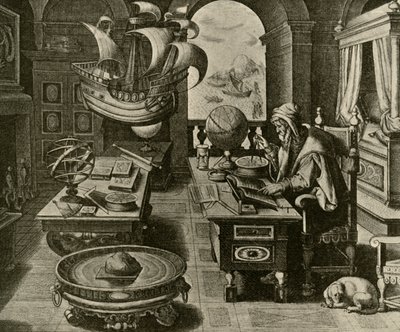 Um especialista em navegação no trabalho em seu estudo com a Globe and Compass, c1591, 1928. de Unbekannt
