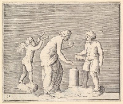 Uma mulher e um homem sacrificando na presença de Cupido, publicado ca. 1599-1622. de Unbekannt