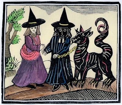 Uma bruxa preta e branca com um animal do diabo de Unbekannt