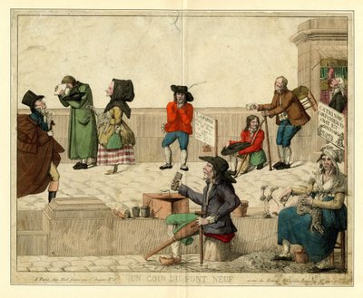 Uma esquina da Pont Neuf, Paris, com mendigos coxos e vendedores ambulantes, por volta de 1813. de Unbekannt