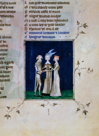 Um cavaleiro e uma senhora trocando alianças, c1350 de Unbekannt
