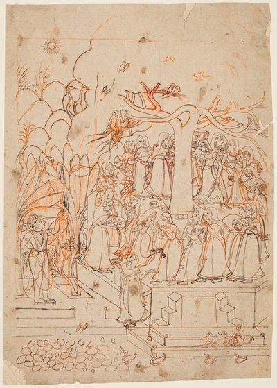 Uma folha de uma série Baramasa: o mês Jyestha de maio a junho, Krishna assiste as Gopis ..., c. 1760 de Unbekannt