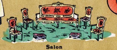 Uma sala de estar com poltrona, cadeiras e apoio para os pés. Alfabeto ilustrado. Imagens reunidas em Jarville-Nancy, início do século XX. Dimensões: 40 x 29 cm. Litografia sobre fundo de bistre. de Unbekannt