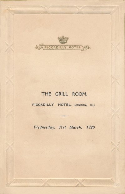 Um menu para o The Grill Room do Piccadilly Hotel, Londres, 1920 de Unbekannt