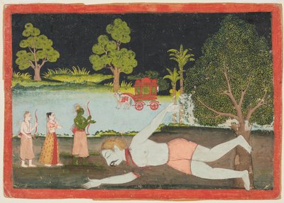 Uma página de um Ramayana: Rama, Lakshman e Sita diante de um gigante morto, c. 1770 de Unbekannt