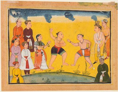 Uma página do Mahabharata: Bhima brigando com Jayadratha, c. 1615 de Unbekannt