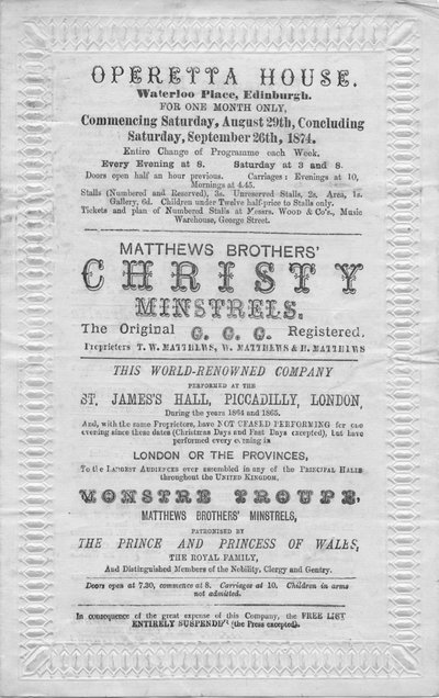 Um programa de eventos a serem realizados na Casa Opereta, Waterloo Place, Edimburgo, 1874 de Unbekannt