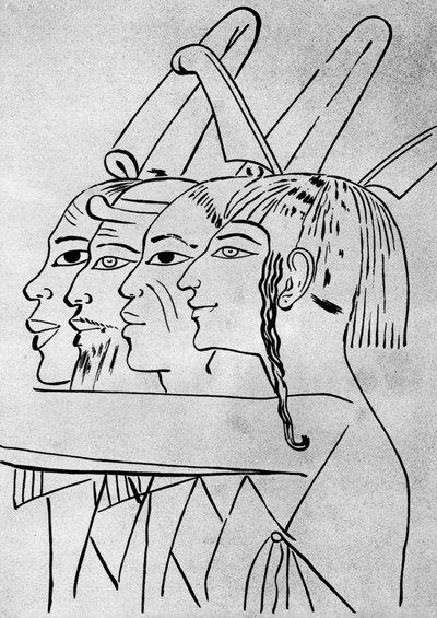 Um esboço de homens africanos e asiáticos da tumba do rei Seti I, Tebas, Egito, 1936 de Unbekannt