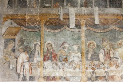 Afresco da Abondance Church: o casamento em Caná, Abondance, França de Unbekannt