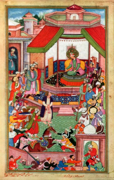 Abul-Fazl ibn Mubarak apresentando o Akbarnama a Akbar de Unbekannt