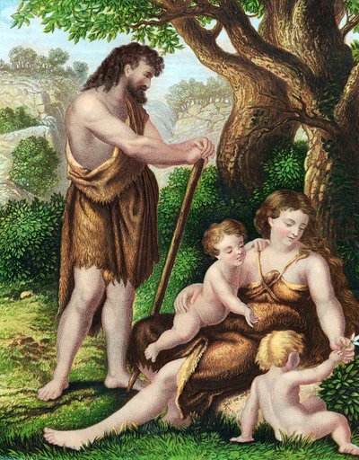 Adão e Eva com seus filhos, Caim e Abel, descansando no deserto, c1860 de Unbekannt