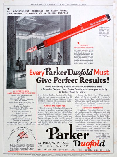 Anúncio para canetas Parker, 1931 de Unbekannt