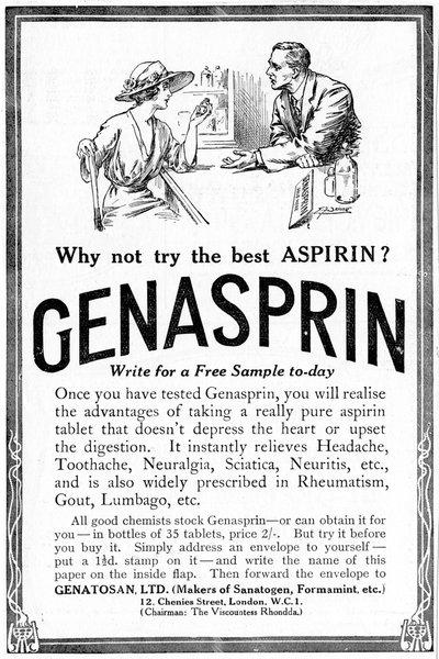 Anúncio da Genasprin, uma marca proprietária do medicamento Aspirin. 1919 de Unbekannt