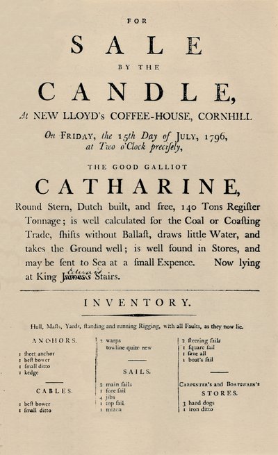 Anúncio de venda por vela em Lloyds, 1796, 1928 de Unbekannt