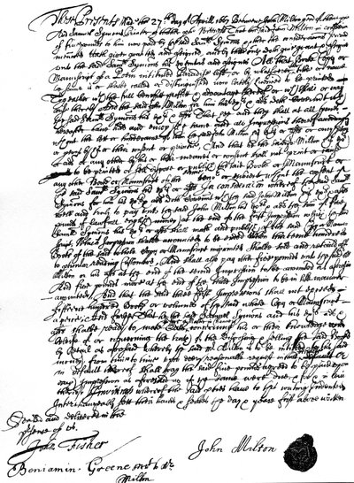 Acordo entre John Milton e a gráfica, Samuel Symons, para a venda dos direitos autorais de 