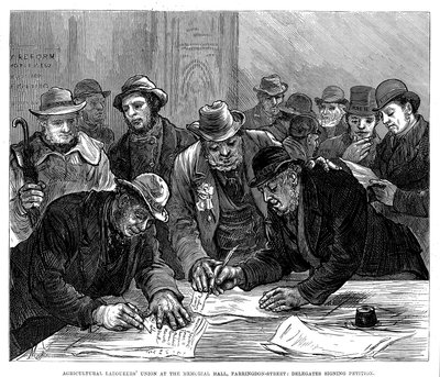 Reunião do Sindicato dos Trabalhadores Agrícolas em Farringdon Street, Londres, 1877 de Unbekannt