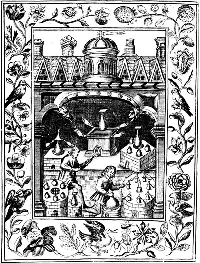 Laboratório alquímico mostrando várias formas de forno e vasos, 1652 de Unbekannt