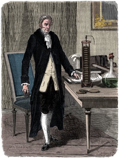 Alessandro Volta, físico italiano, demonstrando sua bateria elétrica, c1800 c1870 de Unbekannt