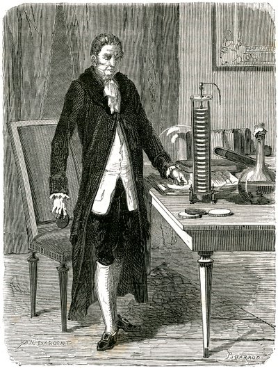 Alessandro Volta, físico italiano, demonstrando sua bateria elétrica, c1800 c1870 de Unbekannt