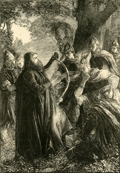 Alfred, o Grande, disfarçado de harpista, tocando antes de Guthrum, 878, 1890. de Unbekannt