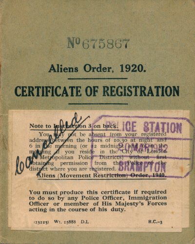 Ordem dos Estrangeiros, Certificado de Registro, 1920 de Unbekannt